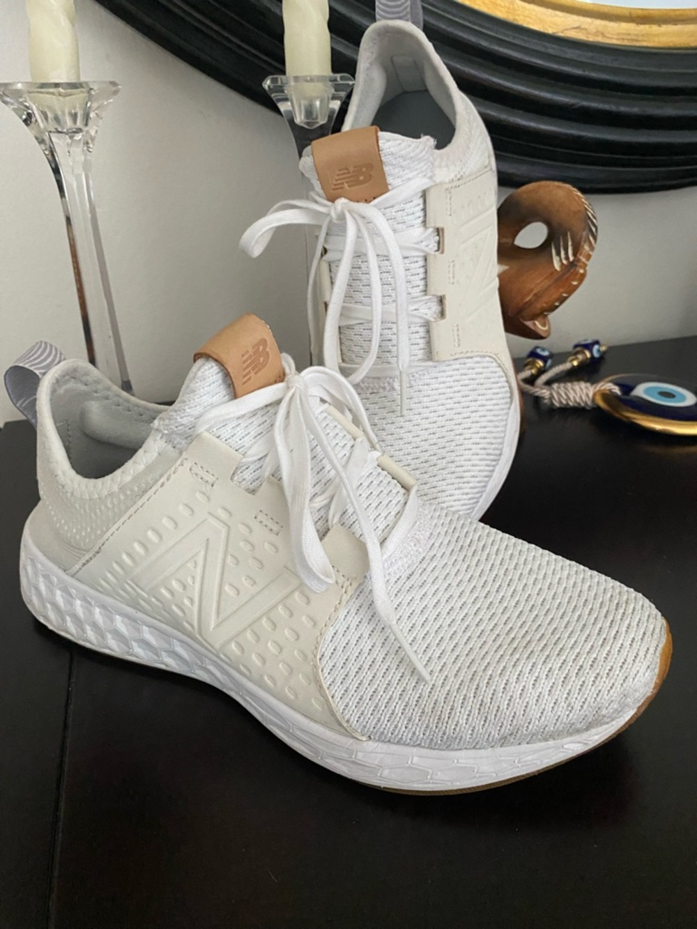 New Balance White Knit Sneakers with Tan Leather Tongue